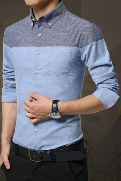 Simple Shirt Color Block Point Collar Long-Sleeved Skinny Button Closure Shirt for Guys