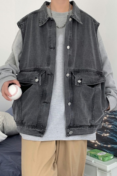 Street Look Boys Denim Vest Spread Collar Pure Color Button Closure Loose Fit Denim Vest