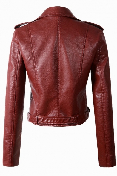 Street Look Womens Jacket PU Leather Notched Lapel Collar Zipper Fly Belted Long Sleeve Epaulet Design Biker Jacket