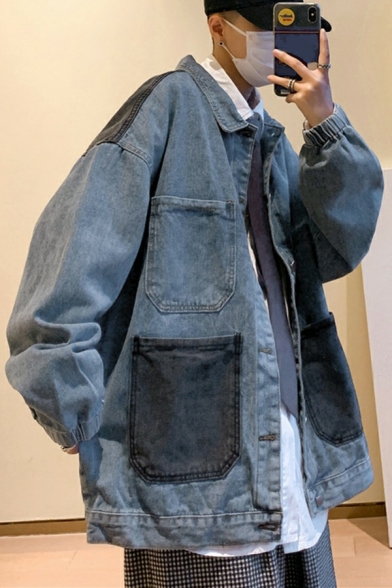 Stylish Boy's Jacket Patchwork Pocket Button Closure Spread Collar Loose Fit Denim Jacket