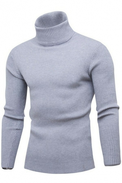 Stylish Guy's Sweater Solid Color Ribbed Hem Long Sleeve High Neck Skinny Pullover Sweater