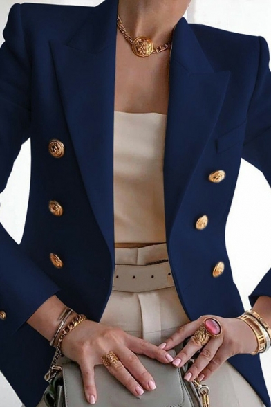 Stylish Womens Blazers Solid Lapel Collar Double Breasted Long Sleeve Slim Suit Jacket