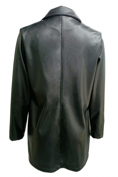 Trendy Ladies Jacket PU Leather Notched Lapel Collar Long Sleeve One Button Slim Biker Jacket