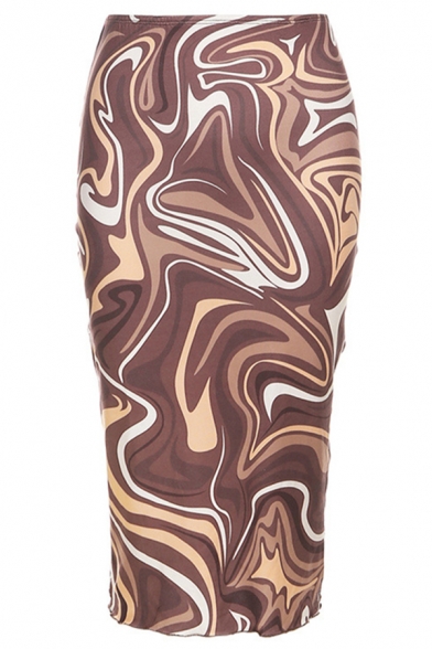 Trendy Womens Skirt Marble Pattern Bodycon Midi Skirt in Brown