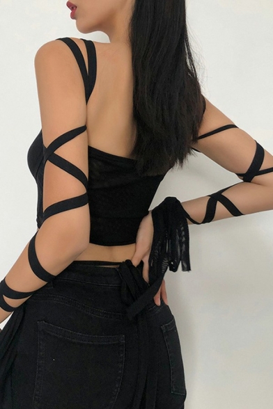 Unique Ladies Cami Solid Spaghetti Straps Tied Slim Cropped Tank Top
