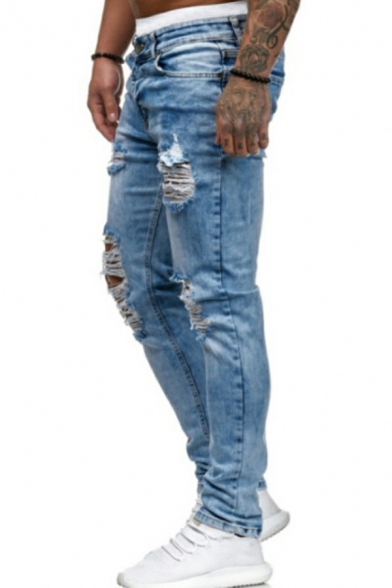 Vintage Mens Jeans Plain Knee Hole Design Medium Wash Zipper Skinny Fit Jeans