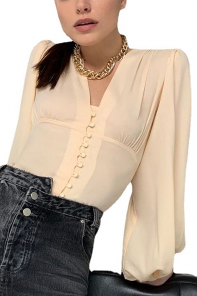 Casual Girls Shirt Solid Color Puff-Sleeve Decorated Shirt Button Front V-Neck Shirt