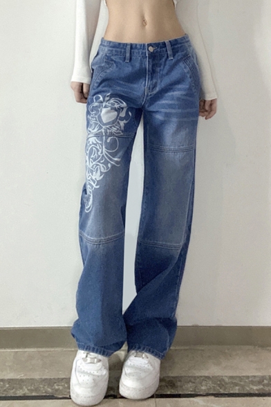 Chic Girls Jeans Darkwash Blue Heart Print Zip Fly Low Rise Full Length Straight Jeans