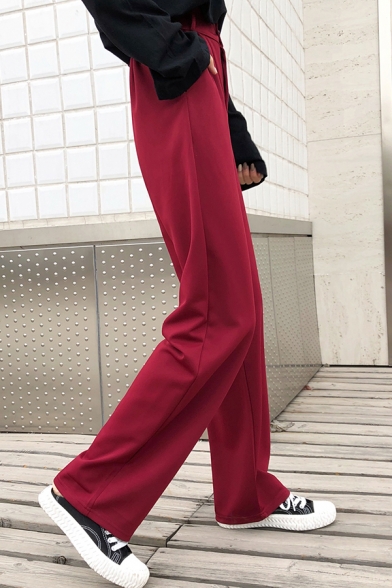 Chic Womens Pants Solid Color High Rise Long Length Wide Leg Relaxed Trousers
