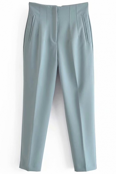 Classic Womens Pants High Waist Solid Color Long Length Slim Fit Cigarette Trousers