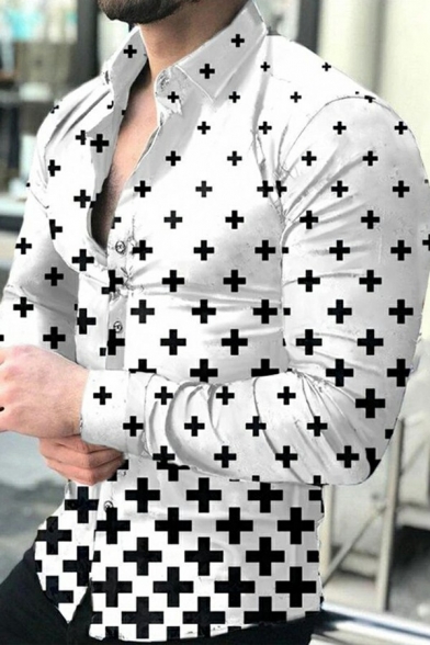 Cool Mens Polo Shirt 3D Printed Long Sleeve Button Detail Turn-down Collar Regular Fit Polo Shirt