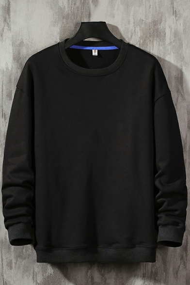 Daily Mens Sweatshirt Solid Color Round Neck Long Sleeve Loose Fit Sweatshirt