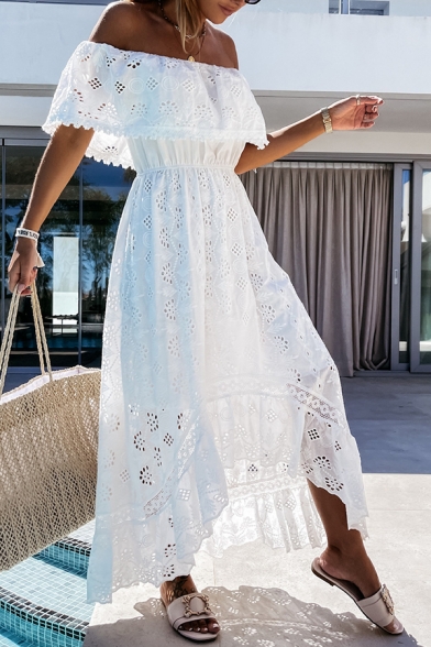 Elegant Beach Dress Solid Ruffled Off the Shoulder Lace Detail High Waist Midi Womens Dress