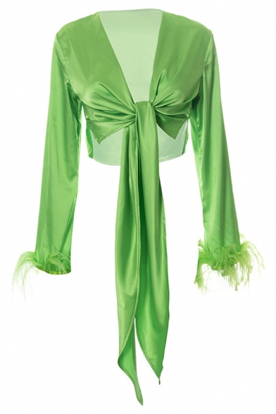 Elegant Womens Shirt V-Neck Tie Front Feather Long Sleeve Crop Shirt in Green