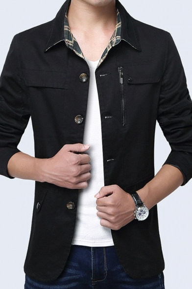 Fancy Coat Solid Turn-down Collar Regular Long-Sleeved Button Fly Trench Coat for Guys