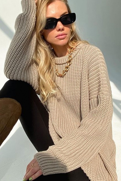 Fancy Womens Knit Sweater Plain Crew Neck Long Sleeve Relaxed Fit Pullover Sweater