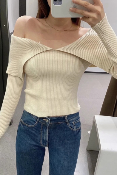Fancy Womens Knit Top Plain Off The Shoulder Slim Fit Long-Sleeved Knit Top