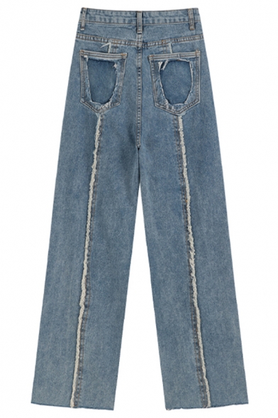 Fashionable Womens Jeans Zipper Fly High Waist Fringe Design Long Length Wide Leg Jeans in Blue