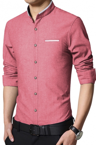 Hot Shirt Whole Colored Long Sleeve Regular Fit Button Closure Stand Collar Shirt for Men