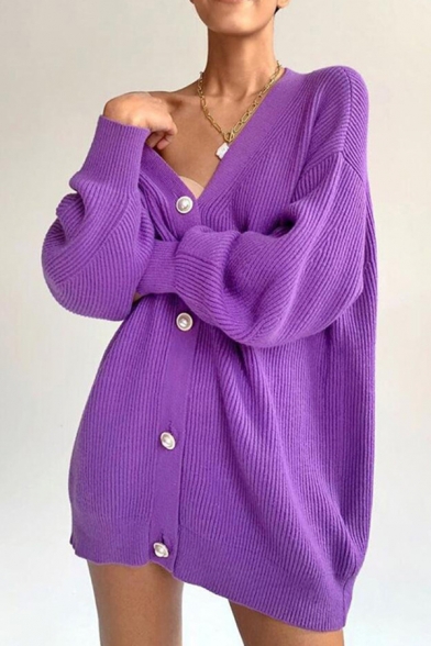 Leisure Girls Cardigan Solid Color V-Neck Long Sleeve Button Down Oversized Cardigan