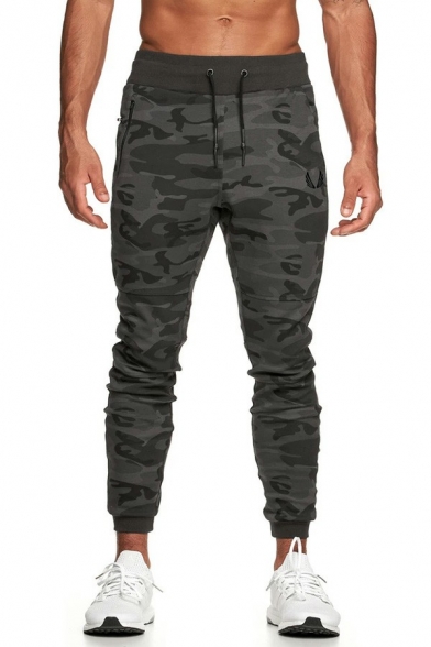 Leisure Men Pants Camouflage Pattern Slim Fit Long Length Drawstring Waist Mid Rise Pants