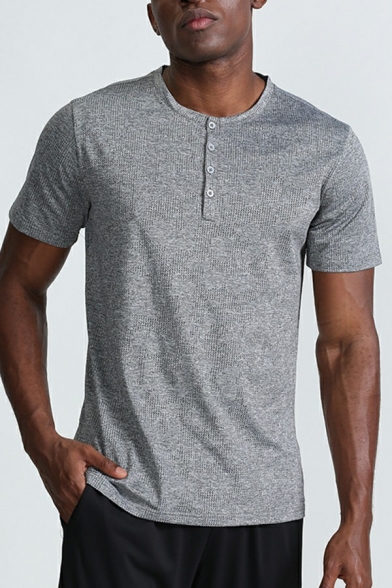 Men's Daily T-Shirt Pure Color Button Detail Short Sleeve Round Neck Regular Fit T-Shirt