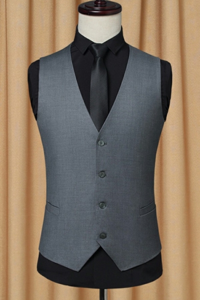Men's Simple Suit Vest Plain Sleeveless Button Closure V-Neck Slim Fitted Suit Vest