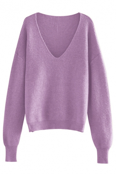 Popular Plain Sweater V-Neck Long Sleeve Relaxed Fit Pullover Sweater for Women