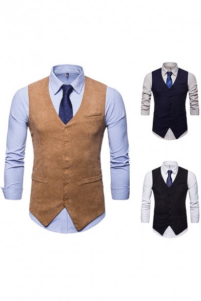Street Look Mens Suit Vest Plain V-Neck Sleeveless Slimming Button Down Suit Vest
