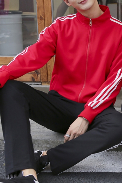 Stylish Mens Sweatshirt Stripe Pattern Stand Collar Long-Sleeved Regular Fitted Sweatshirt