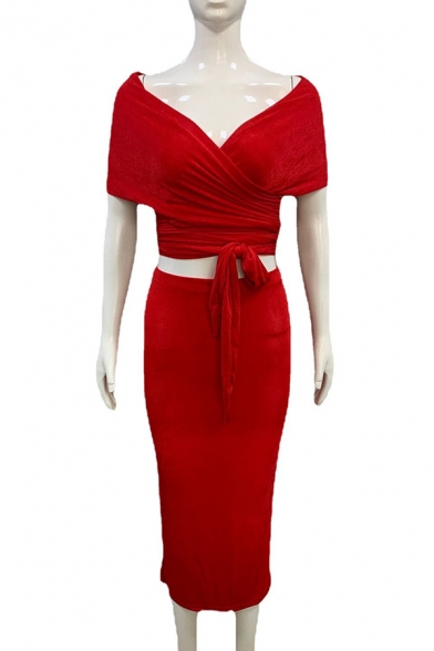 Stylish Plain Dress Tie Waist Off the Shoulder Midi Dress for Women