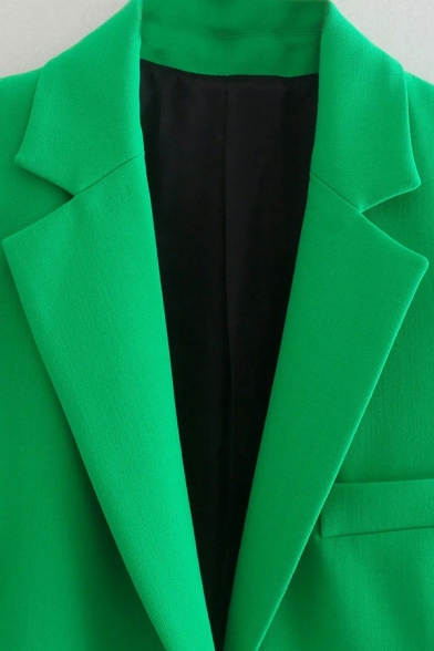 Trendy Ladies Solid Color Blazer Notched Lapel Collar Single Breasted Flap Pockets Relaxed Fit Blazer in Green