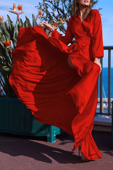 Trendy Womens Dress Solid Long Sleeve V Neck Lace-Up Floor Length Split Design A-Line Dress