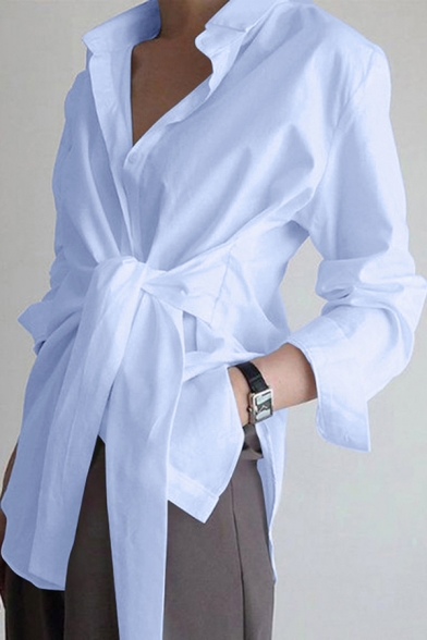 Unique Womens Plain Shirt Button Down Turn Down Collar Knot Detail Long-Sleeved Shirt
