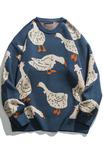 Vintage Mens Sweater Duck Pattern Long Sleeves Round Neck Loose Fitted Pullover Sweater