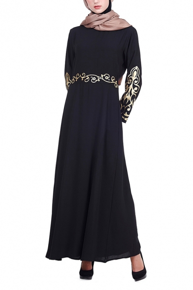 Vintage Muslim Dress Gold Pattern Decorated Long Sleeve Slim Fitted Two Piece Maxi Dress for Women