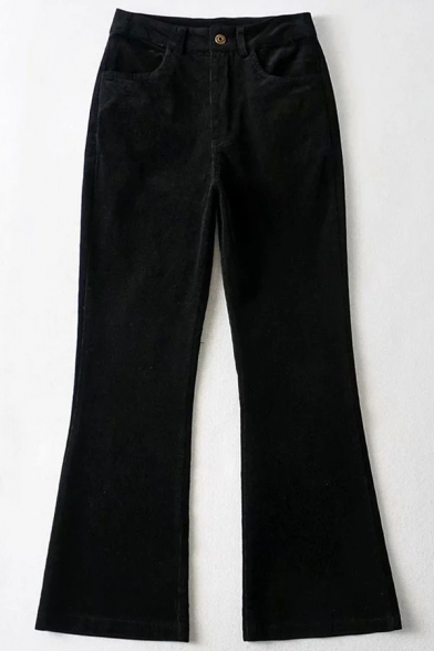 Vintage Plain Corduroy Pants High Waist Zipper Fly Long Length Bootcut Pants for Women