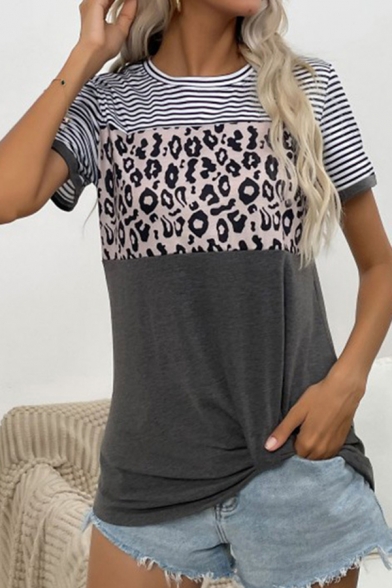 Vintage Womens T-Shirt Leopard Print Short Sleeve Crew Neck Oversized T-Shirt
