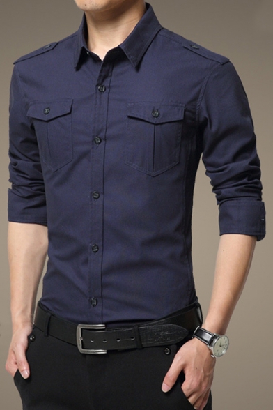 Basic Mens Shirt Plain Long Sleeve Button Closure Epaulette Decoration Turn-down Collar Regular Fit Shirt