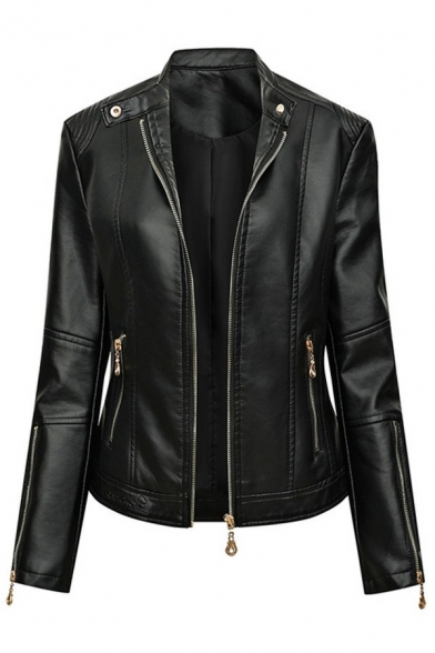 Casual Womens Jacket PU Leather Stand Collar Zip Fly Long Zipper Sleeve Slim Biker Jacket