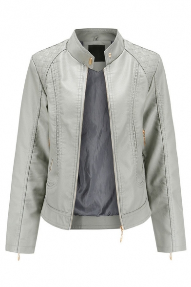 Casual Womens Leather Jacket Plain Stand Collar Zipper Placket Long Sleeve Slim Fit PU Jacket