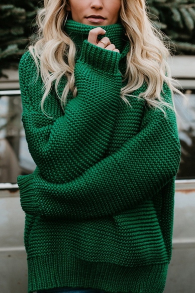 Casual Womens Sweater Solid High Neck Long Sleeve Split Hem Oversized Sweater