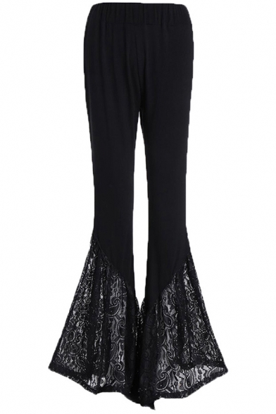 Chic Womens Knit Pants Solid Color High Rise Lace Flare Pants in Black
