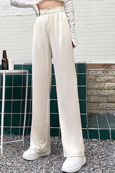 Chic Womens Pants Solid Color High Rise Long Length Wide Leg Relaxed Trousers
