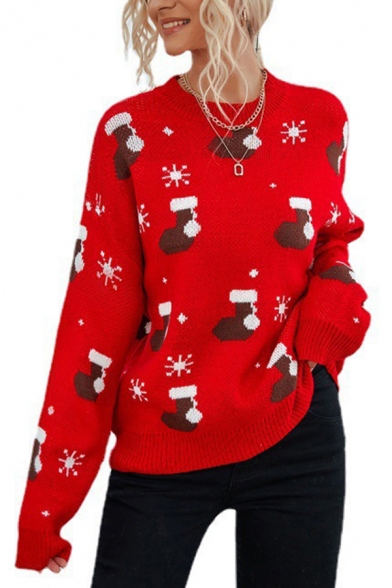 Christmas Theme Sweater Printed Crew Neck Long Sleeve Regular Fit Pullover Sweater for Women