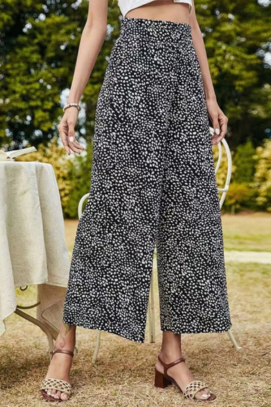 Classic Ladies Pants Floral Pattern High Elastic Waist Loose Fit Ankle Length Straight Wide Leg Pants