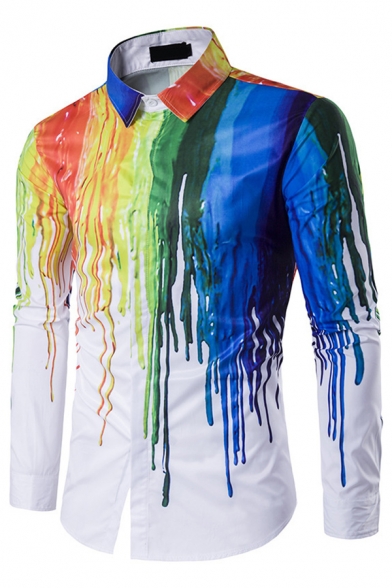 Creative Mens Shirt Tie-Dye Print Long Sleeve Turn-down Collar Regular Fit Button Shirt