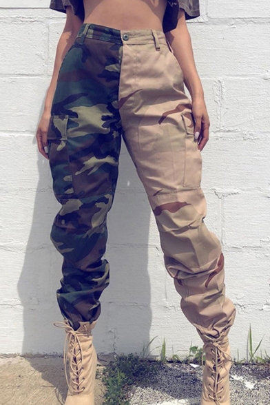 Creative Womens Pants Patchwork Camo Print Zip Fly Elastic Cuffs Tapered Cargo Pants with Pockets