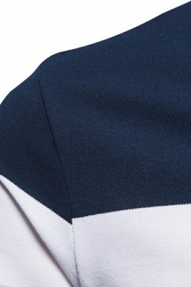 Daily Mens Polo Shirt Stripe Pattern Spread Collar Short Sleeve Button Detail Regular Fit Polo Shirt