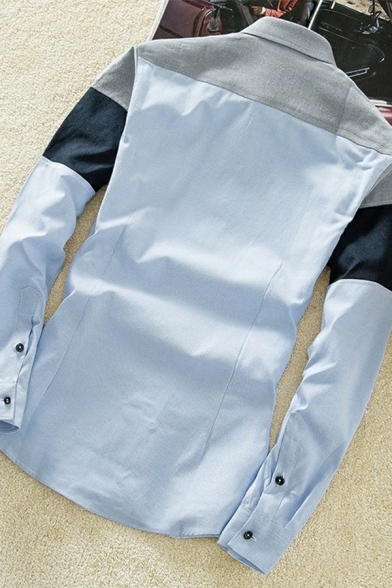Dashing Shirt Color Block Pocket Turn-down Collar Regular Long Sleeve Button Up Shirt for Boys